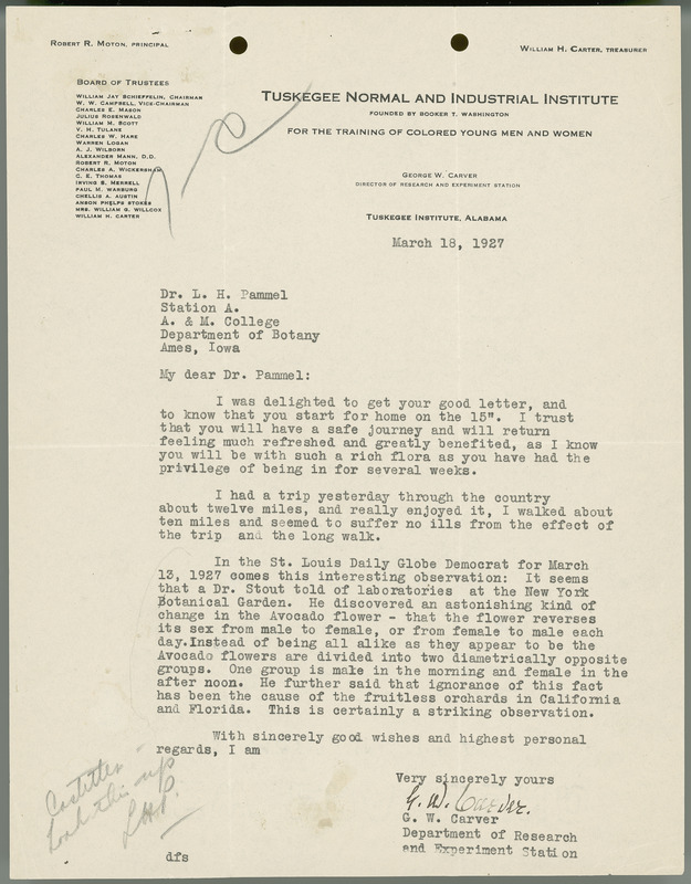 George W. Carver letter to L. H. Pammel, March 18, 1927