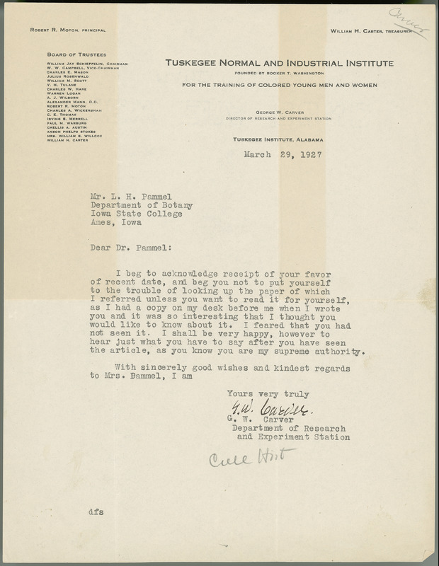 George W. Carver letter to L. H. Pammel, March 29, 1927