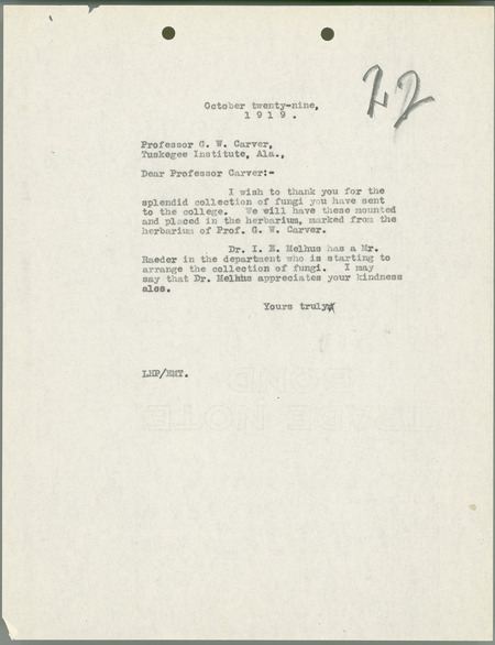Letter from Louis H. Pammel thanking George Washington Carver for a collection of fungi.