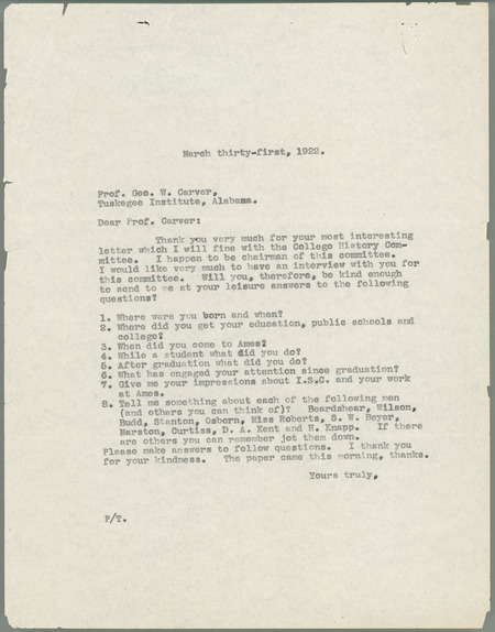 L. H. Pammel letter to George W. Carver, March 31, 1922