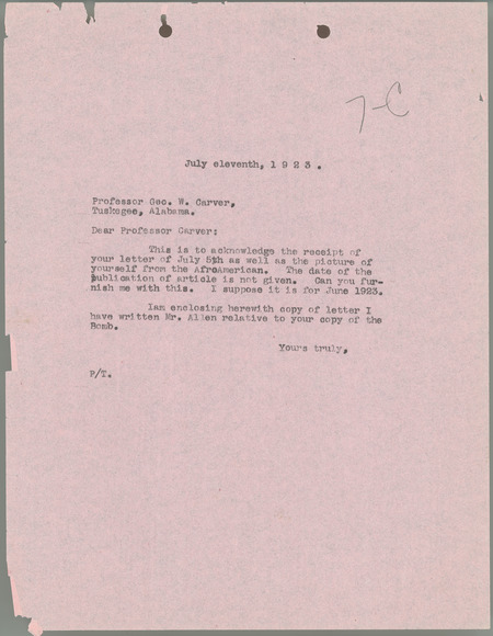 L. H. Pammel letter to George W. Carver, July 11, 1923