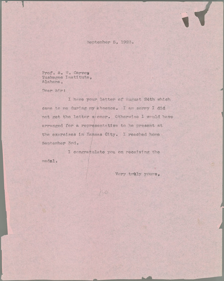 L. H. Pammel letter to George W. Carver, September 5, 1923