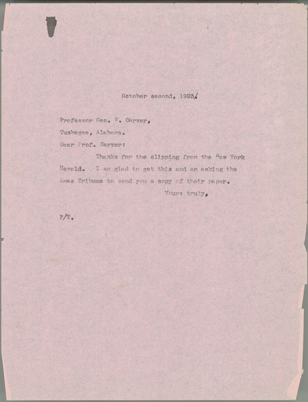 L. H. Pammel letter to George W. Carver, October 2, 1923