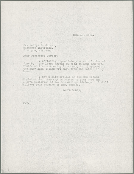 Letter from Louis H. Pammel in reply to George Washington Carver's letter of June 8, 1924. Pammel mentions a recent article in the Des Moines Register about Carver's work.