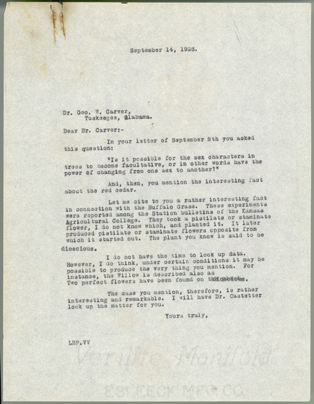 L. H. Pammel letter to George W. Carver, September 14, 1926