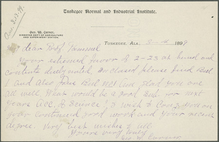 Letter from Carver to Pammel regarding germination etc.