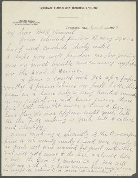 Letter from George Washington Carver to Louis H. Pammel regarding fungi, etc.