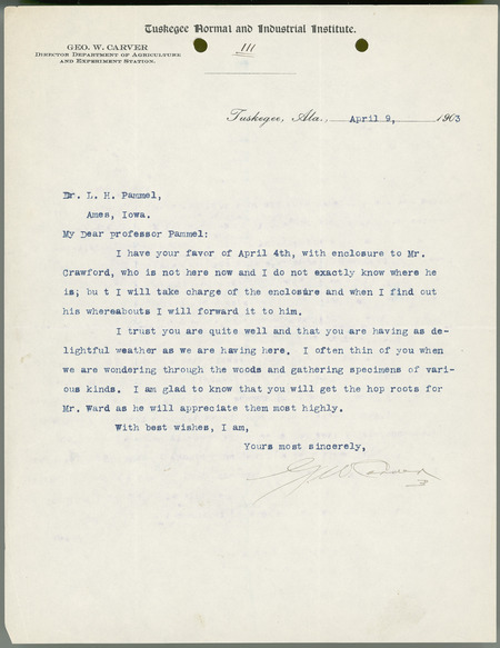 George W. Carver letter to L. H. Pammel, April 9, 1903