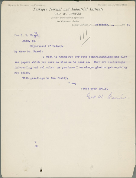 George W. Carver letter to L. H. Pammel, December 1, 1908