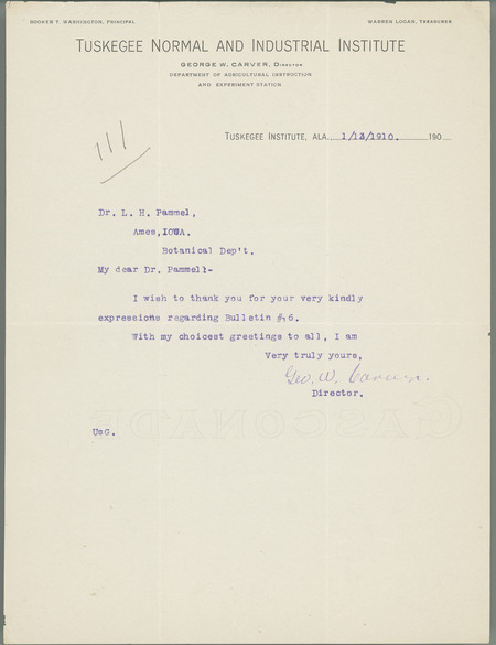 George W. Carver letter to L. H. Pammel, January 13, 1910