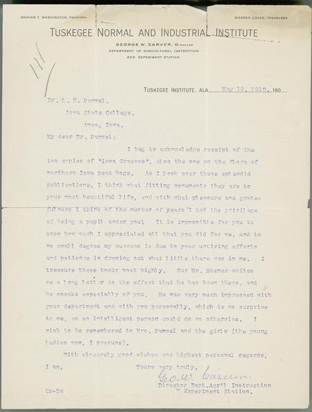 George W. Carver letter to L. H. Pammel, May 19, 1910