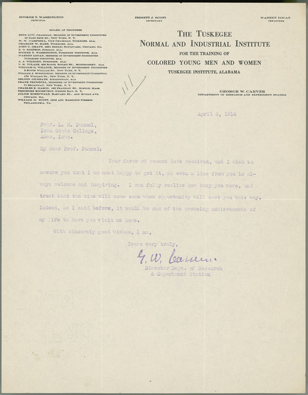 George W. Carver letter to L. H. Pammel, April 4, 1914