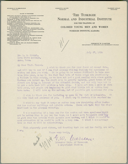 George W. Carver letter to L. H. Pammel, July 27, 1914