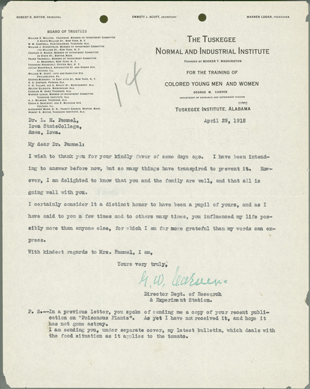 George W. Carver letter to L. H. Pammel, April 29, 1918