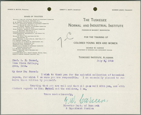 George W. Carver letter to L. H. Pammel, July 9, 1918