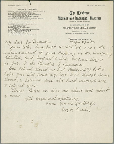 George W. Carver letter to L. H. Pammel, May 29, 1921