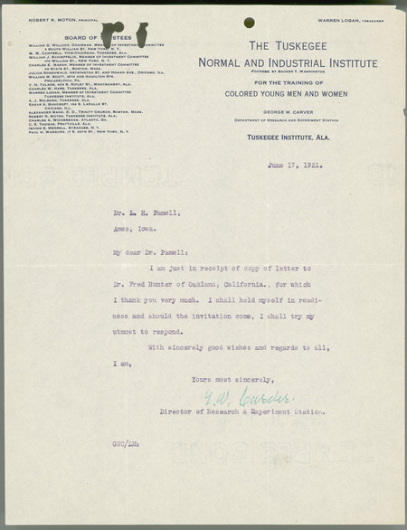George W. Carver letter to L. H. Pammel, June 17, 1921