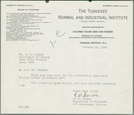 George W. Carver letter to L. H. Pammel, October 15, 1926