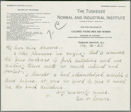 George W. Carver letter regarding the receipt of bulletins, February 16, 1927