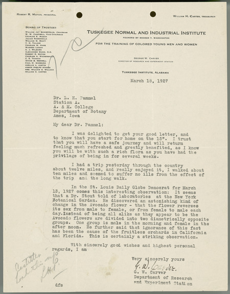 George W. Carver letter to L. H. Pammel, March 18, 1927