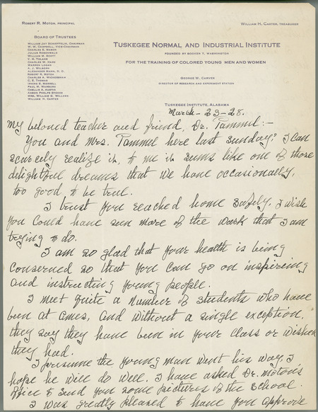 Letter from Carver to Pammel regarding palms etc.