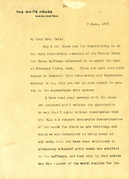 Letter from President Woodrow Wilson to Carrie Chapman Catt in which he expresses support for women's suffrage.