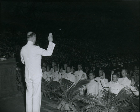 Commissioning officers during graduation ceremonies at Iowa State University during Commencement, 1952