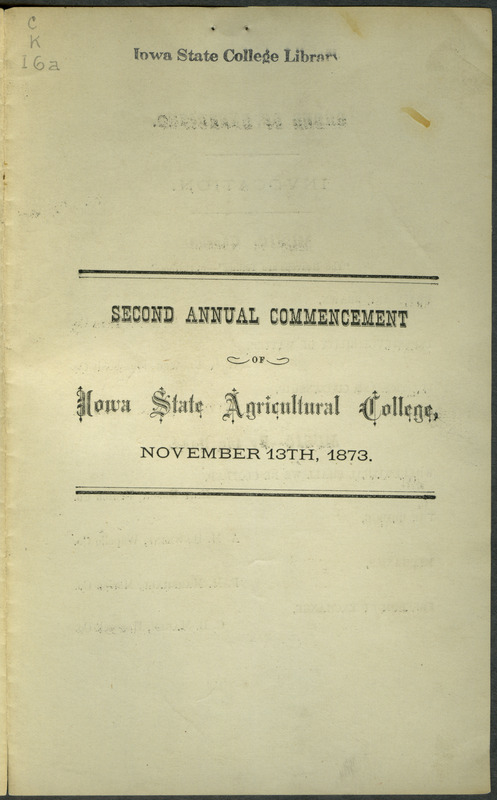 Includes commencement program and list of commencement week activities, held November 9th-12th, 1873.
