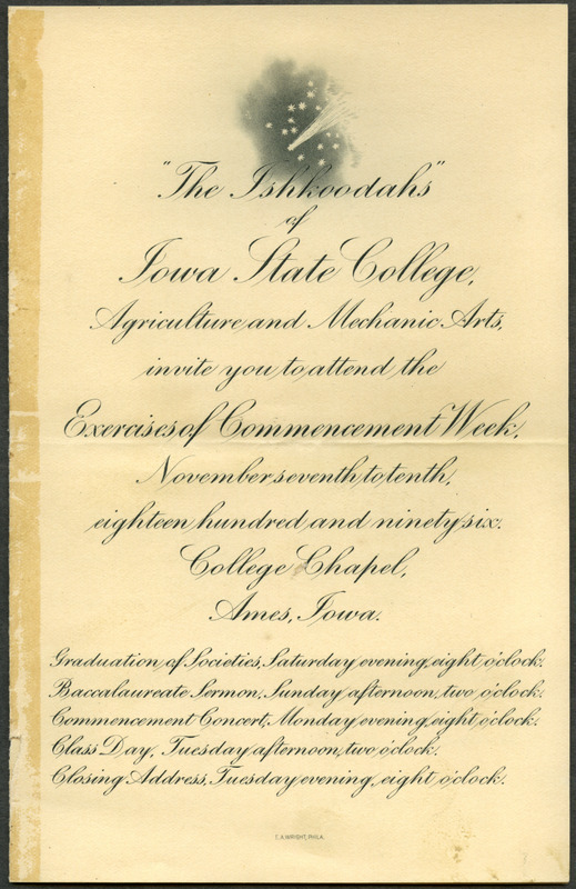 Includes invitation and list of commencement week activities, held November 7th-10th, 1896.