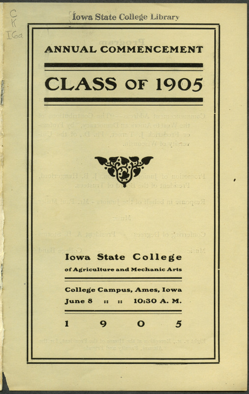 Includes commencement program, invitation and list of commencement week activities, held June 1st-8th, 1905.