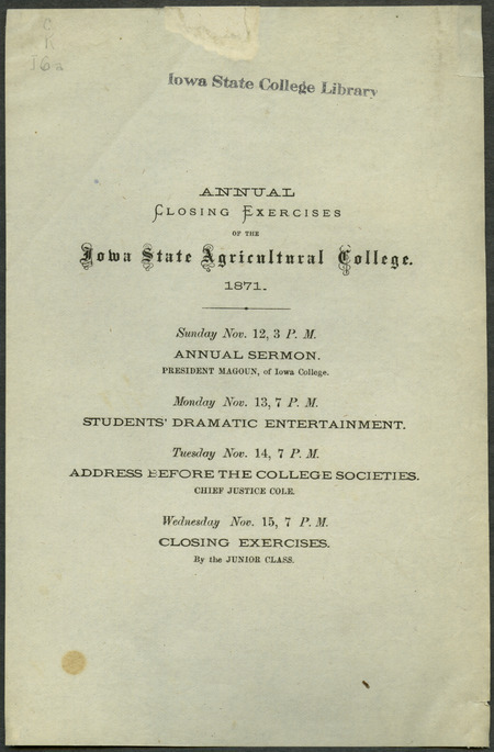 Includes list of closing week activities, held November 12th-15th, 1871.