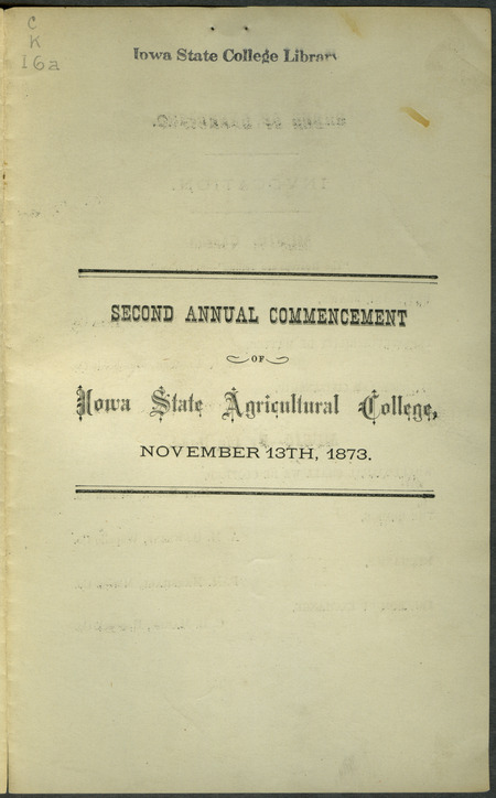 Includes commencement program and list of commencement week activities, held November 9th-12th, 1873.