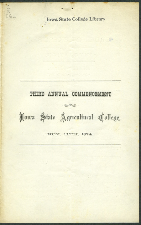 Includes commencement program, held November 11th, 1874.