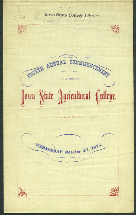 Includes commencement program and list of commencement week activities, held October 24th-27th, 1875.
