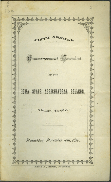 Includes commencement program, held November 15th, 1876.