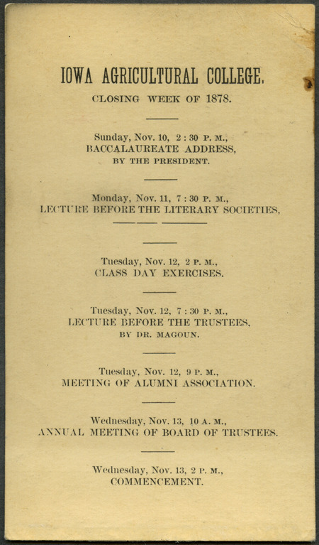 Includes list of commencement week activities, held November 10th-13th, 1878.