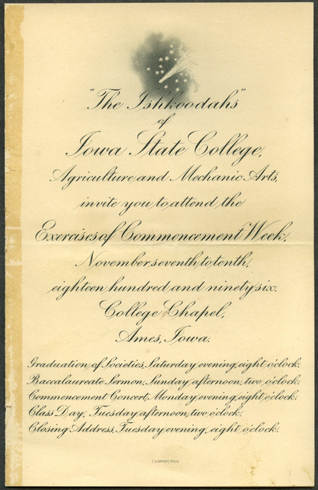 Includes invitation and list of commencement week activities, held November 7th-10th, 1896.