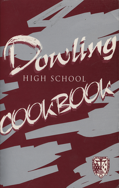 This cookbook compiled by the Dowling High School Parents Guild includes botanical illustrations and a recipe clipping.