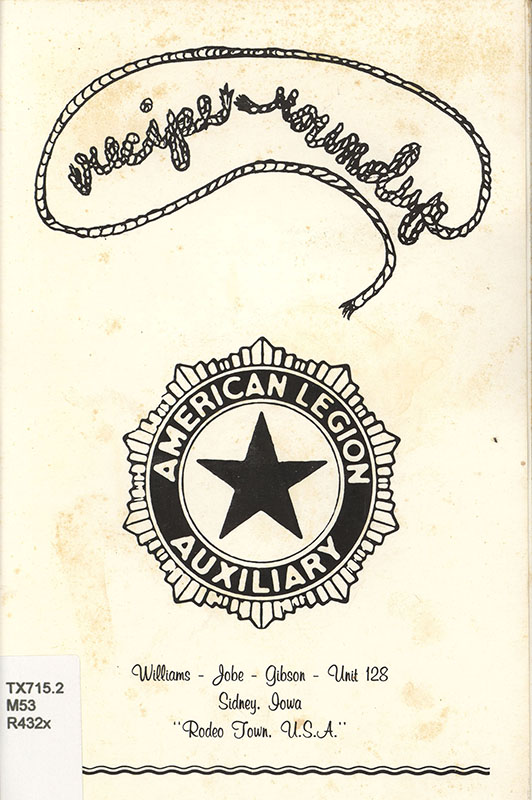 Cookbook compiled by the Williams-Jobe-Gibson- Unit 128 of the American Legion. Sections include appetizers, salads, soups and vegetables, meat, desserts, and canning and pickling. Some sections have general tips for cooking including oven charts and measurement conversions. The book also includes a section on first aid.