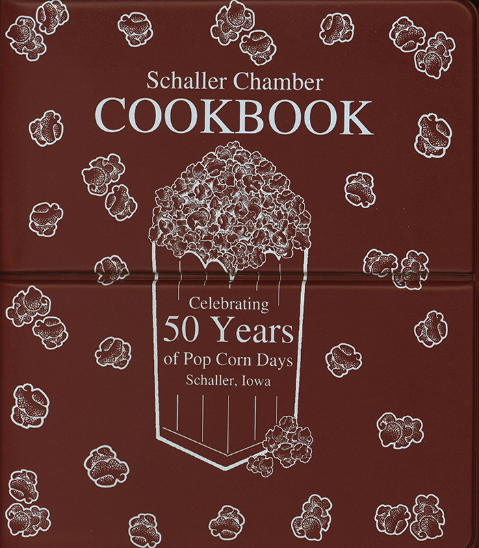 A cookbook compiled by the people of Schaller, Iowa, to celebrate 50 years of their Pop Corn Days festival. Includes sections on soups, salads, appetizers, casseroles, and a section with recipes written by and for the town's children.