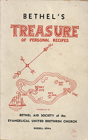 A community cookbook compiled in 1952 by the Bethel Aid Society of the Evangelical United Brethren Church in Russell, Iowa. This volume features a diverse array of recipes contributed by church members, highlighting local culinary traditions, particularly those involving preserved foods and wild game recipes. It also features advertisements from local businesses, reflecting mid-century rural life in southern Iowa.