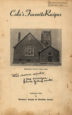 Community cookbook compiled by the Women’s Society of Christian Service in Colo, Iowa. It features recipes contributed by local women, including appetizers, breads, desserts, main dishes, and beverages. The publication includes acknowledgments to contributors and advertisements from local businesses.