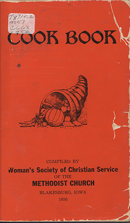 A community cookbook compiled in 1950 by the Woman’s Society of Christian Service of the Methodist Church in Blakesburg, Iowa. It includes prayers, local advertisements, and a wide variety of regional recipes contributed by members of the congregation and community.