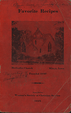 This cookbook compiled by the Women's Society of Christian Service in Mingo, Iowa includes a wide variety of handwritten and typed recipes for breads, cakes, meats, vegetables, and desserts, alongside local advertisements.