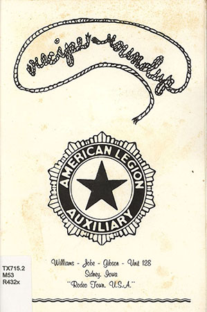 Cookbook compiled by the Williams-Jobe-Gibson- Unit 128 of the American Legion. Sections include appetizers, salads, soups and vegetables, meat, desserts, and canning and pickling. Some sections have general tips for cooking including oven charts and measurement conversions. The book also includes a section on first aid.