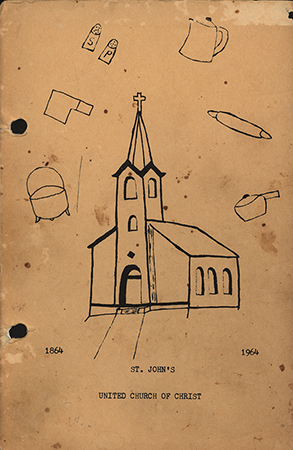 A cookbook compiled by members of St. John's United Church of Christ for its 100th anniversary. It includes recipes for breads, candy, cookies, desserts, main dishes, sandwiches, and sides. A section of handwritten and clipped recipes follows the printed content.