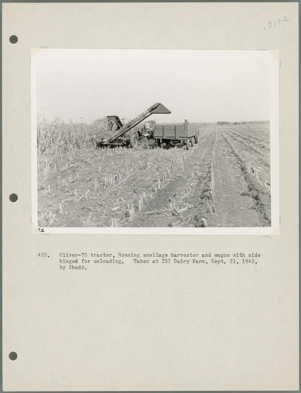 Oliver-70 tractor, Ronning ensilage harvester and wagon with side hinged for unloading. Taken at ISC Dairy Farm, Sept. 21, 1942, by Shedd.