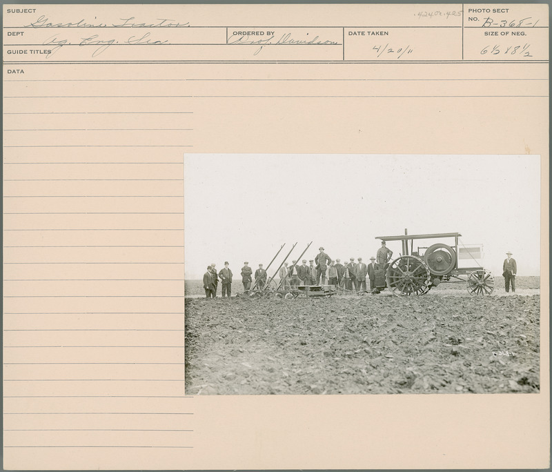 Gasoline Tractor. Agricultural Engineering Section. Ordered by Professor Davidson, 4/20/11.