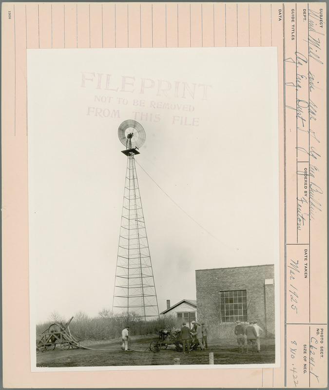 Wind Mill in rear of Agricultural Engineering Building. Agricultural Engineering Department Ordered by Fenton, March 1925.