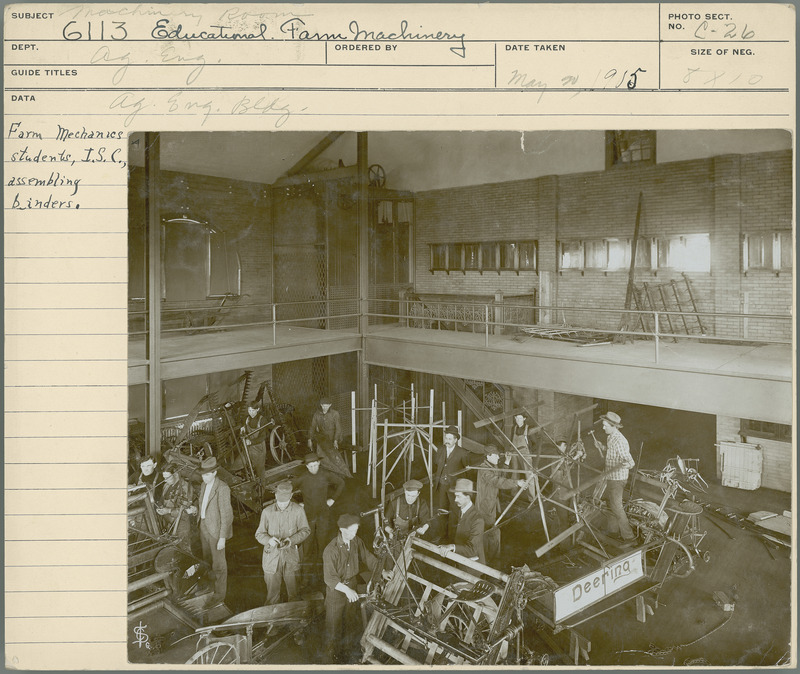 Educational farm machinery. Agricultural Engineering Building Machinery Room. Farm Mechanics students, Iowa State College, assembling binders. May 1905.